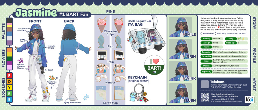 1girl, artist_name, bay_area_rapid_transit, baylee_(goat)_(bart), beanie, blue_hat, blue_jacket, character_name