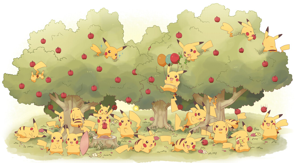 1990s_(style), alternate_color, apple, balloon, clone, flower, flying_pikachu, food
