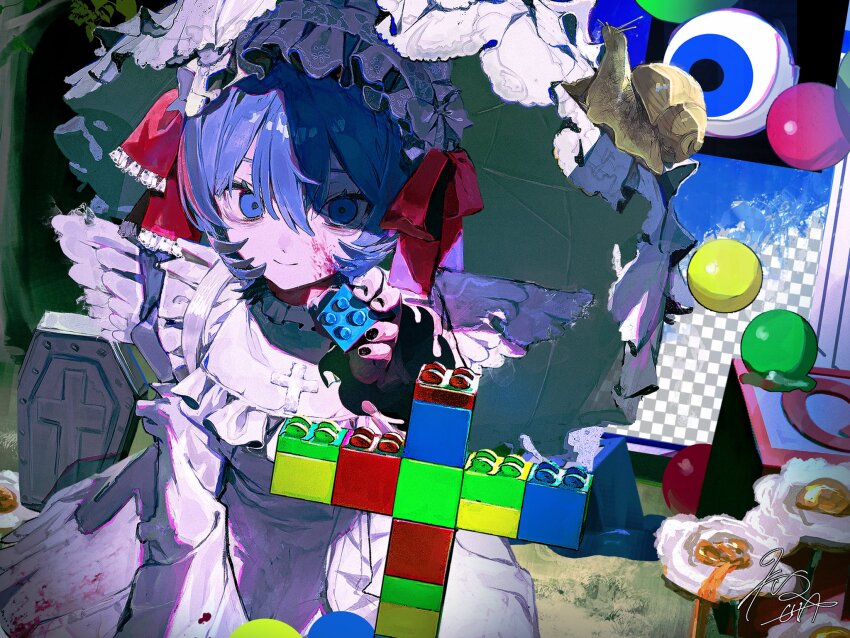 1girl, ball, blood, blood_on_clothes, blood_on_face, bloody_clothes, bloody_dress, blue_eyes