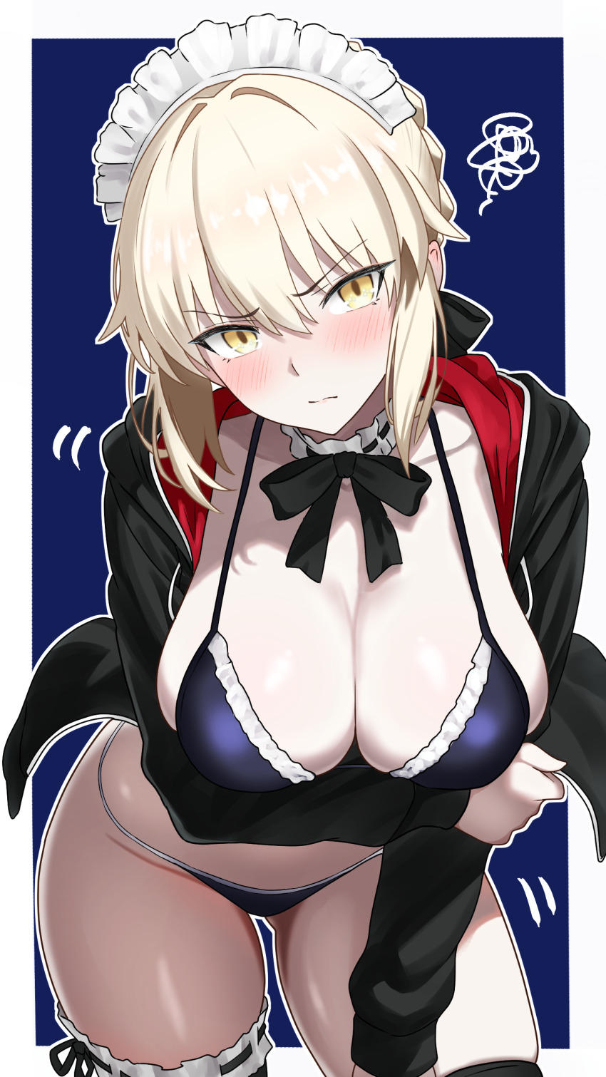 1girl, absurdres, alternate_breast_size, arm_under_breasts, artoria_pendragon_(fate), bamboo_tac, bikini, black_bikini