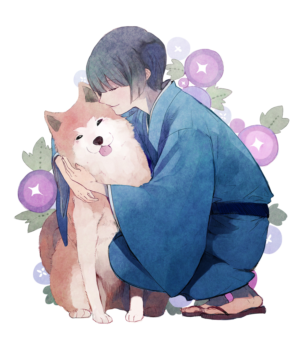 1boy, :3, animal, axis_powers_hetalia, black_hair, blunt_bangs, closed_eyes, dog, happy, hug, japan_(hetalia), japanese_clothes, kimono, lirica, male_focus, pet, pochi_(hetalia), sandals, simple_background, smile, squatting, tongue, white_background, wide_sleeves, yukata