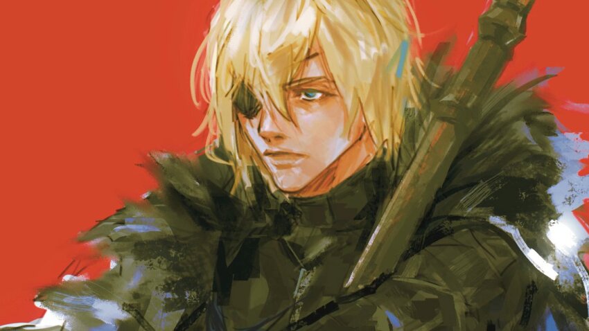 1boy, armor, black_armor, black_fur, blonde_hair, blue_cape, blue_eyes, breastplate