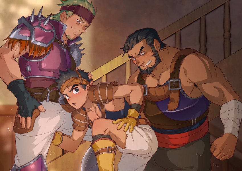 3boys, absurdres, ancpaghetti, armpit_hair, armpit_hair_peek, bara, beard, black_hair, commentary_request, facial_hair, father_and_child, father_and_son, fire_emblem, fire_emblem:_the_sacred_stones, garcia_(fire_emblem), gerik_(fire_emblem), goatee, green_hair, highres, incest, male_focus, mature_male, multiple_boys, muscular, muscular_male, nintendo, paid_reward_available, parent_and_child, pectoral_cleavage, pectorals, ross_(fire_emblem), scar, scar_on_face, short_hair, variant_set, yaoi