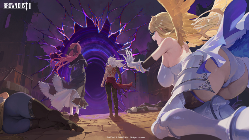 1boy, 3girls, absurdres, armor, armored_boots, ass, back, back_tattoo, backboob, black_dress, black_pants, blonde_hair, boots, bow, breasts, brown_dust_(series), brown_dust_2, dress, faulds, gauntlets, hair_bow, hanging_breasts, highres, huge_ass, justia_(brown_dust), kneeling, large_breasts, lathel_(brown_dust), liberta_(brown_dust), lying, m.q_(mqkyrie), multiple_girls, nun, official_art, on_floor, on_side, open_mouth, panties, pants, red_hair, sideboob, tattoo, thick_thighs, thigh_boots, thighs, underwear, vambraces, white_dress, white_hair, white_panties, wide_hips, wilhelmina_(brown_dust), wings, yellow_wings