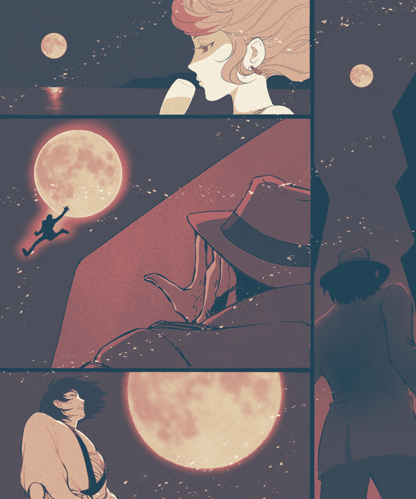 1girl, 4boys, absurdres, arsene_lupin_iii, black_hair, cup, drinking_glass, earrings