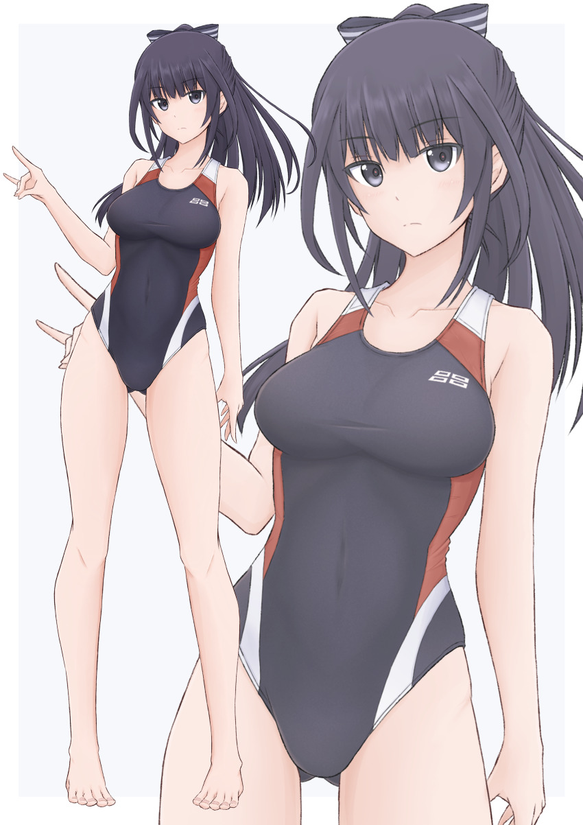 1girl, absurdres, agatsuma_kaede, alice_gear_aegis, barefoot, black_eyes, black_hair, black_one-piece_swimsuit