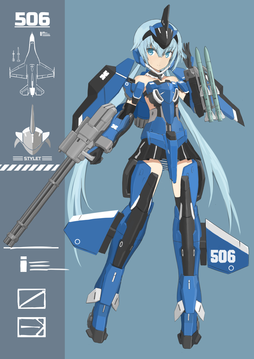 1girl, absurdres, black_gloves, black_skirt, blue_background, blue_eyes, blue_hair, character_name