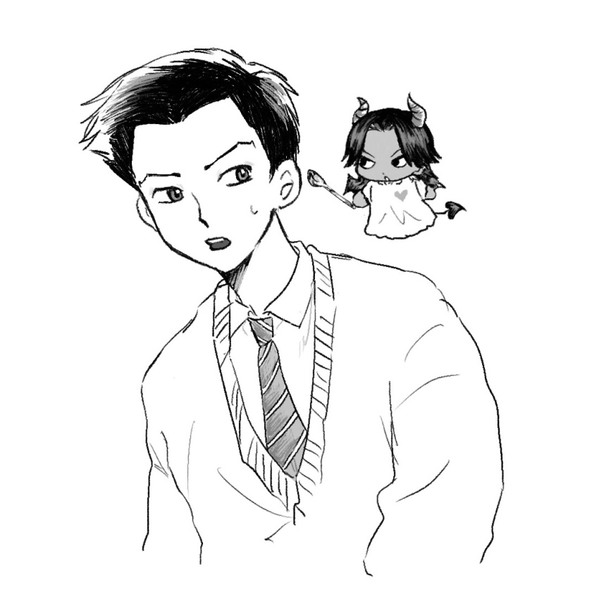 2boys, :o, akazawa_yoshirou, cardigan, collared_shirt, cropped_torso, dark-skinned_male, dark_skin, demon_horns, demon_tail, demon_wings, diagonal-striped_clothes, diagonal-striped_necktie, dot_nose, eye_contact, greyscale, heart, heart_print, holding, holding_spoon, horns, kaneda_ichiro, looking_at_another, male_focus, mochita80, monochrome, multiple_boys, necktie, parted_bangs, school_uniform, shirt, short_hair, shoulder_devil, simple_background, spoon, striped_clothes, sweatdrop, tail, tennis_no_ouji-sama, v-shaped_eyebrows, very_short_hair, white_background, wings