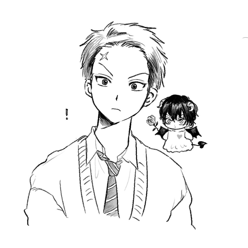 !, 2boys, cardigan, chibi, choppy_bangs, closed_mouth, collared_shirt, cropped_shoulders, cross_scar, demon_horns, demon_tail, demon_wings, diagonal-striped_clothes, diagonal-striped_necktie, dot_mouth, dot_nose, flower, frown, fuji_yuuta, greyscale, heart, heart_print, holding, holding_flower, horns, male_focus, mizuki_hajime, mochita80, monochrome, multiple_boys, necktie, rose, scar, scar_on_face, scar_on_forehead, school_uniform, shirt, short_hair, shoulder_devil, simple_background, striped_clothes, tail, tennis_no_ouji-sama, v-shaped_eyebrows, very_short_hair, white_background, wide-eyed, wings