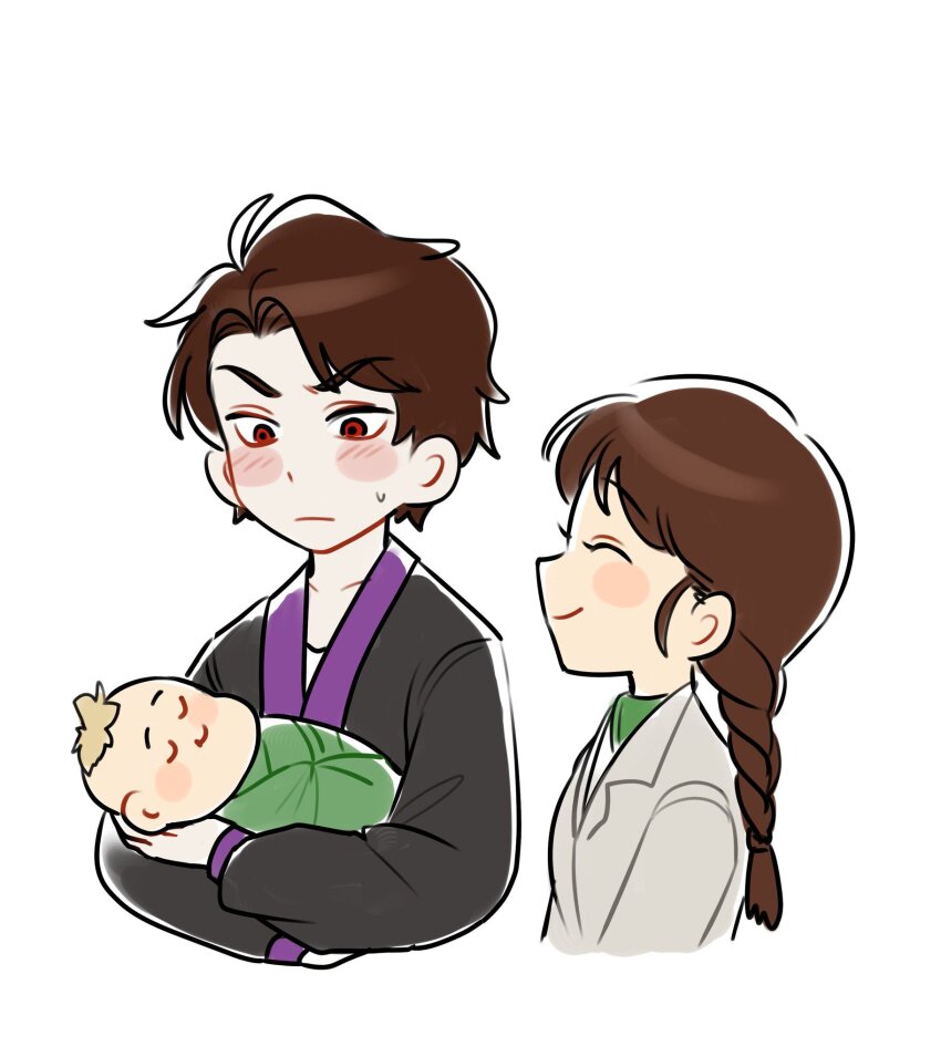 1boy, 1girl, baby, blush, brown_hair, carrying, carrying_baby, carrying_person, couple, dougi, highres, lord_garmadon, ninjago, red_eyes, the_lego_group