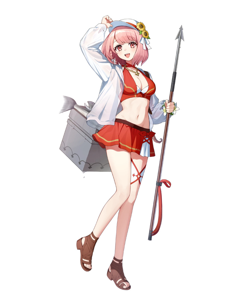 1girl, adjusting_clothes, adjusting_headwear, bikini, breasts, fire_emblem, fire_emblem_engage, fire_emblem_heroes, harpoon, highres, jacket, jewelry, lapis_(fire_emblem), lapis_(forager_of_the_sea)_(fire_emblem), lapis_(summer)_(fire_emblem), looking_at_viewer, medium_breasts, navel, necklace, nintendo, non-web_source, official_alternate_costume, official_art, open_mouth, pink_hair, red_bikini, short_hair, smile, solo, swimsuit, tachi-e, tackle_box, white_jacket