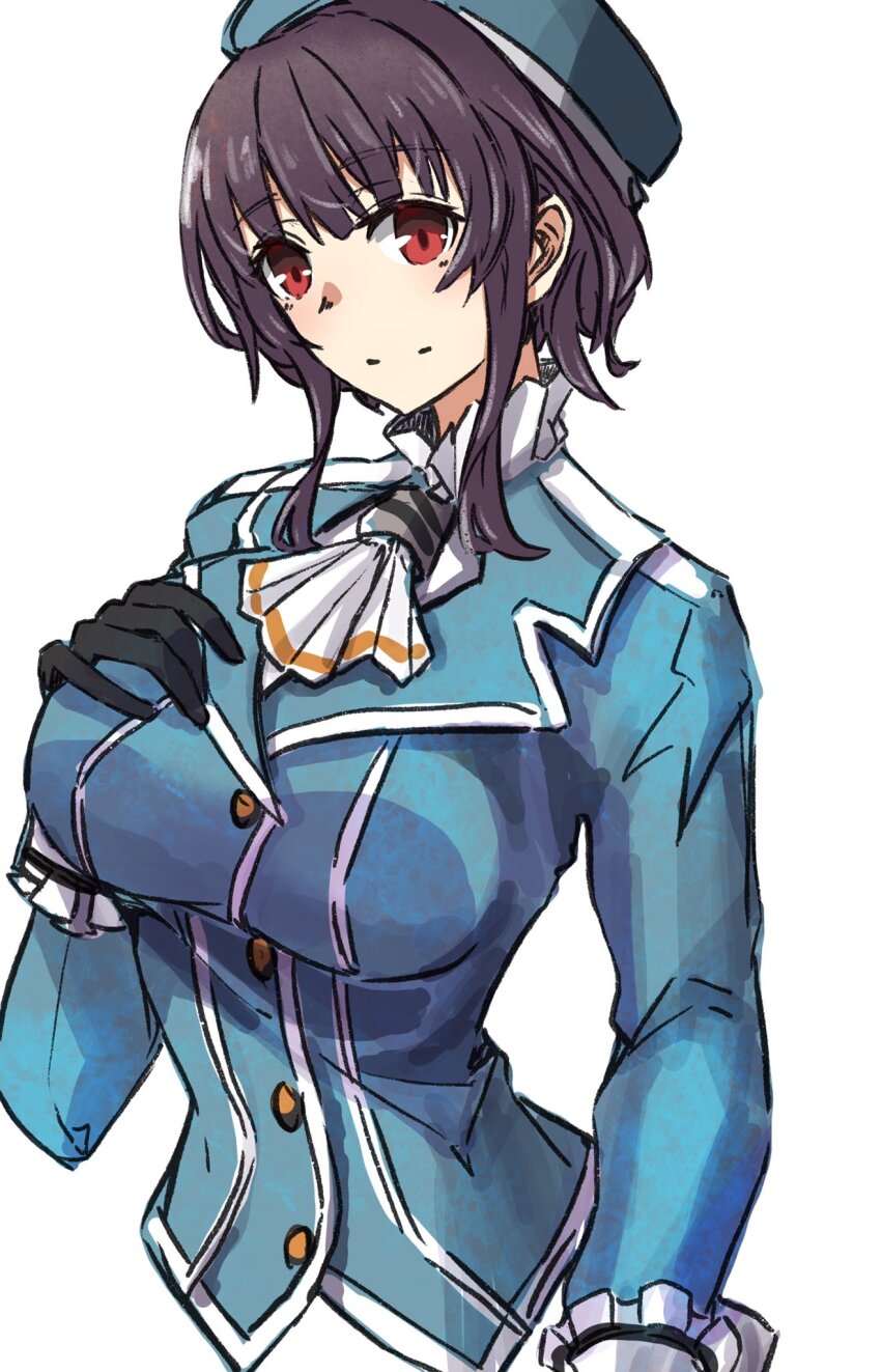 1girl, ascot, beret, black_gloves, black_hair, blue_hat, blue_jacket, blush