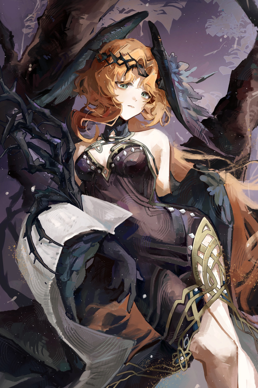 1girl, absurdres, bare_shoulders, black_gloves, black_wings, breasts, closed_mouth, crown_of_thorns, dress, druvis_iii, druvis_iii_(shrouded_in_thorns), elbow_gloves, feathered_wings, feet_out_of_frame, gloves, green_eyes, halter_dress, halterneck, head_wings, highres, holding, holding_plant, long_dress, long_hair, looking_at_viewer, low_wings, medium_breasts, official_alternate_costume, on_branch, orange_hair, plant, purple_background, purple_dress, reverse:1999, san_sui_dingshang_ya, sitting, sitting_on_branch, sleeveless, sleeveless_dress, solo, very_long_hair, wings