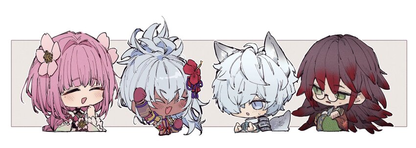 09wave_hb, 2boys, 2girls, animal_ears, armor, blue_eyes, blush, chibi