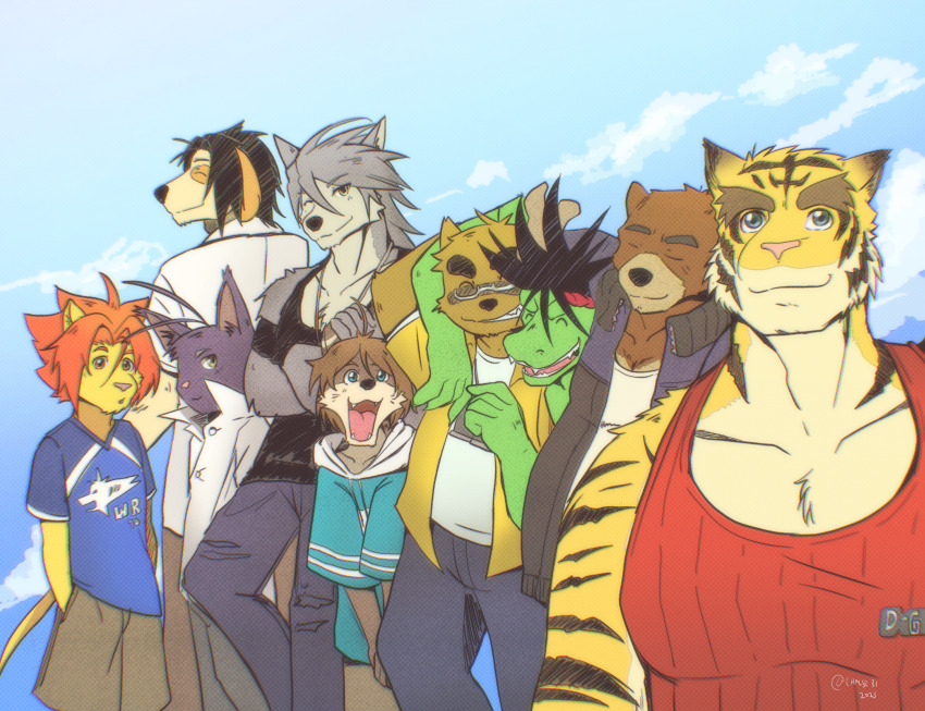 6+boys, animal_ears, artist_name, bear_boy, bear_ears, blue_sky, cat_boy, cat_ears