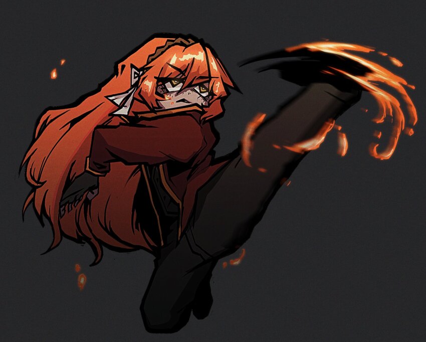 1girl, black_gloves, black_pants, black_shirt, bow, brown_hairband, deformed, fingerless_gloves, fire, full_body, give_miol, gloves, grey_background, hair_bow, hairband, highres, ishmael_(project_moon), jacket, kicking, limbus_company, liu_association_south_uniform, long_hair, long_sleeves, orange_hair, pants, project_moon, red_jacket, shirt, simple_background, solo, standing, very_long_hair, white_bow, yellow_eyes