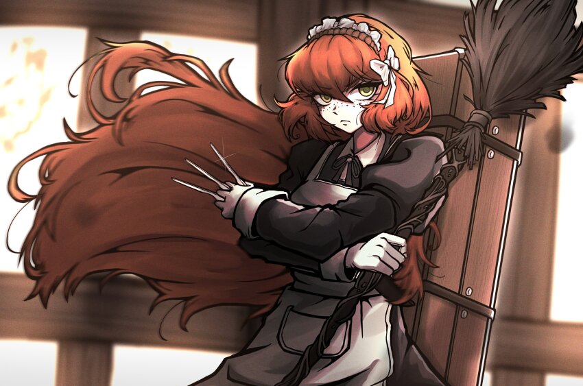 1girl, absurdres, apron, black_dress, bow, broom, dress, freckles