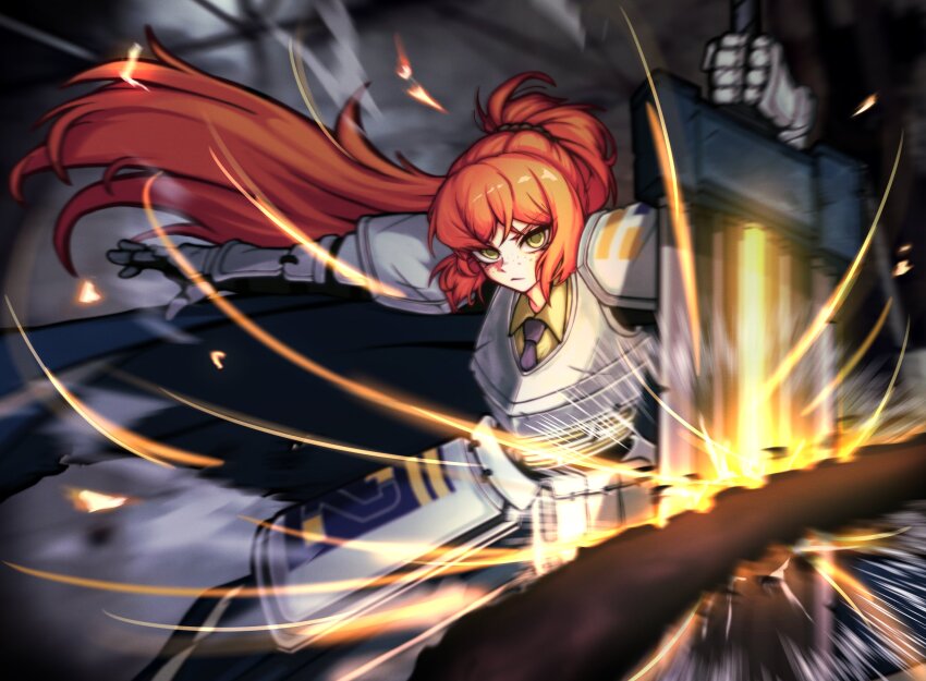 1girl, absurdres, armor, blue_cape, blue_necktie, cape, collared_shirt, freckles