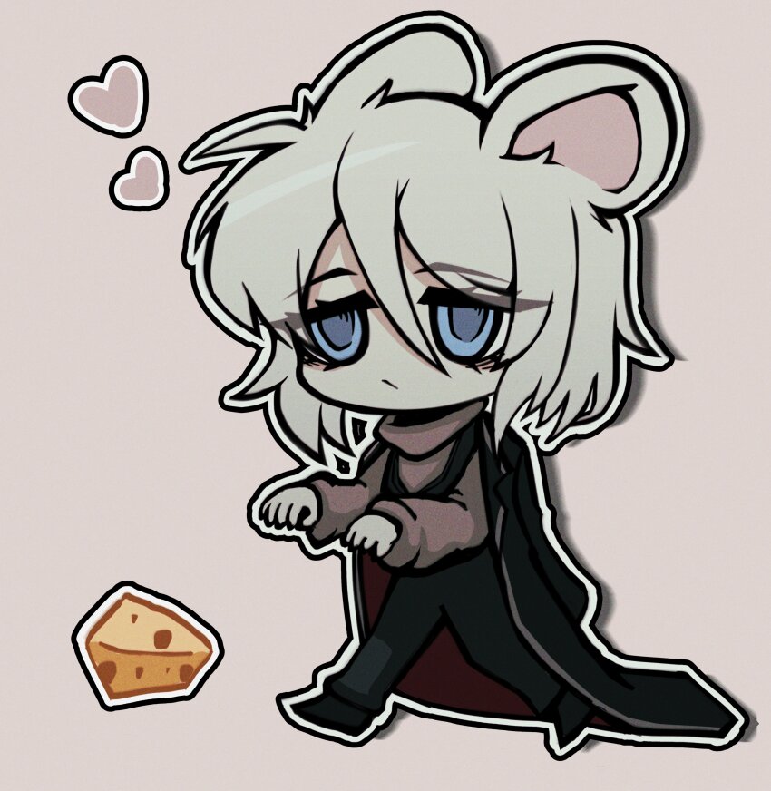 1girl, absurdres, animal_ears, black_coat, black_pants, black_shoes, black_vest, blue_eyes, cheese, closed_mouth, coat, coat_on_shoulders, deformed, faust_(project_moon), food, full_body, give_miol, grey_sweater, heart, highres, limbus_company, long_sleeves, looking_at_viewer, mouse_ears, mouse_girl, pants, pink_background, project_moon, shoes, short_hair, simple_background, solo, standing, sweater, vest, white_hair