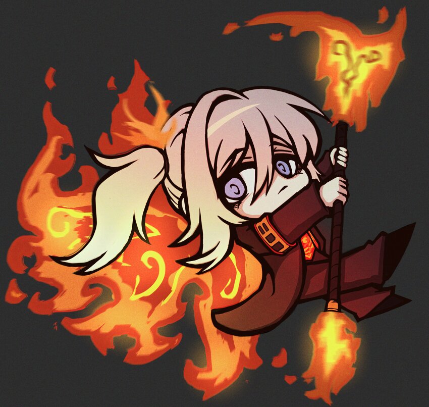 1girl, absurdres, ardor_blossom_star_(e.g.o), black_shoes, blue_eyes, brown_coat, brown_pants, chibi