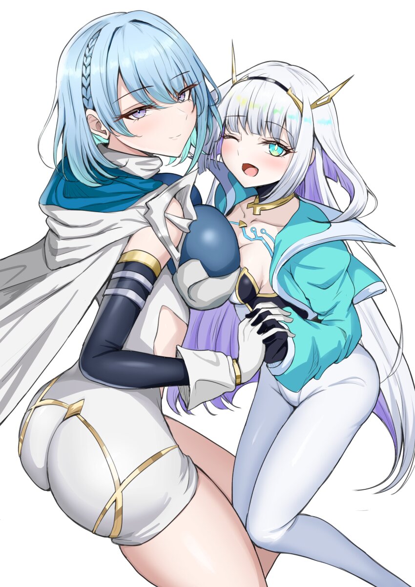 2girls, absurdres, armor, ass, asymmetrical_docking, blue_cape, blue_eyes, blue_hair, blue_jacket, blunt_bangs, blush, bodysuit, breast_press, breasts, cape, clothing_cutout, commentary_request, cropped_jacket, detached_sleeves, dreizehn_(shadowverse), eudie_(shadowverse), gloves, highres, holding_hands, jacket, kakankan, large_breasts, long_hair, looking_at_viewer, looking_back, multiple_girls, one_eye_closed, open_clothes, open_jacket, open_mouth, shadowverse, shadowverse:_worlds_beyond, short_hair, shoulder_armor, side_cutout, simple_background, small_breasts, smile, thick_thighs, thighs, two-sided_cape, two-sided_fabric, very_long_hair, white_bodysuit, white_gloves, white_hair