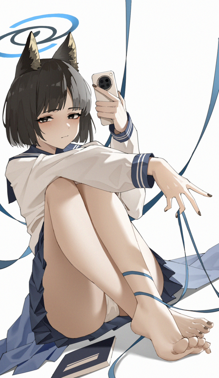 1girl, animal_ear_fluff, animal_ears, barefoot, black_hair, black_nails, blue_archive, blue_sailor_collar, blue_skirt, blunt_ends, cat_ears, cat_girl, cellphone, closed_mouth, crossed_ankles, feet, grey_eyes, highres, holding, holding_phone, kikyou_(blue_archive), knees_up, looking_at_viewer, medium_hair, nail_polish, panties, parted_bangs, phone, sailor_collar, shi_ling_fangcheng, shirt, skirt, smartphone, solo, toenail_polish, toenails, toes, underwear, white_panties, white_shirt