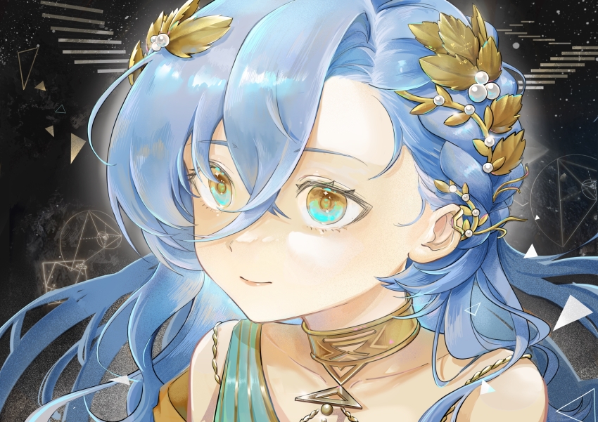 1girl, 37_(reverse:1999), absurdres, bare_shoulders, black_background, blue_eyes, blue_hair, collarbone