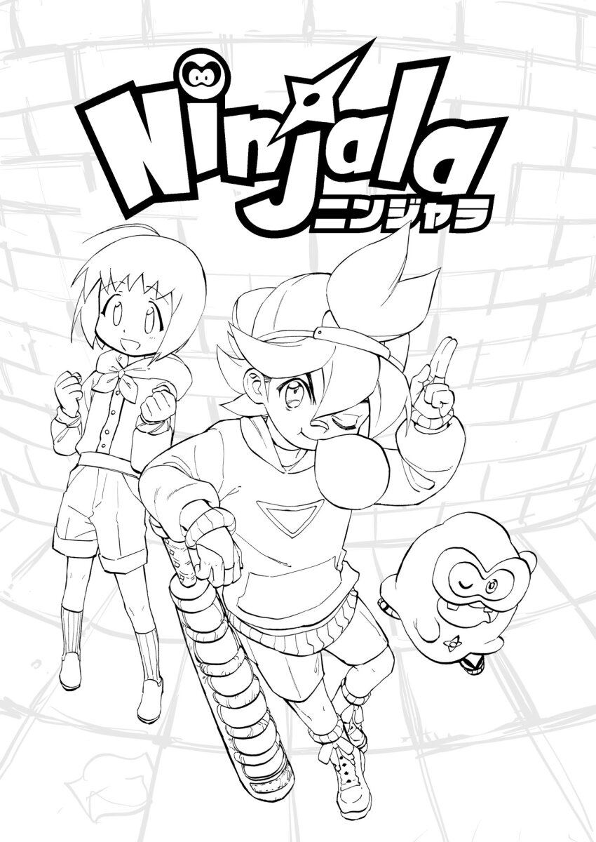 3boys, ahoge, alien, backwards_hat, baseball_cap, blinking_inside_eyes, blowing_bubble_gum, boots