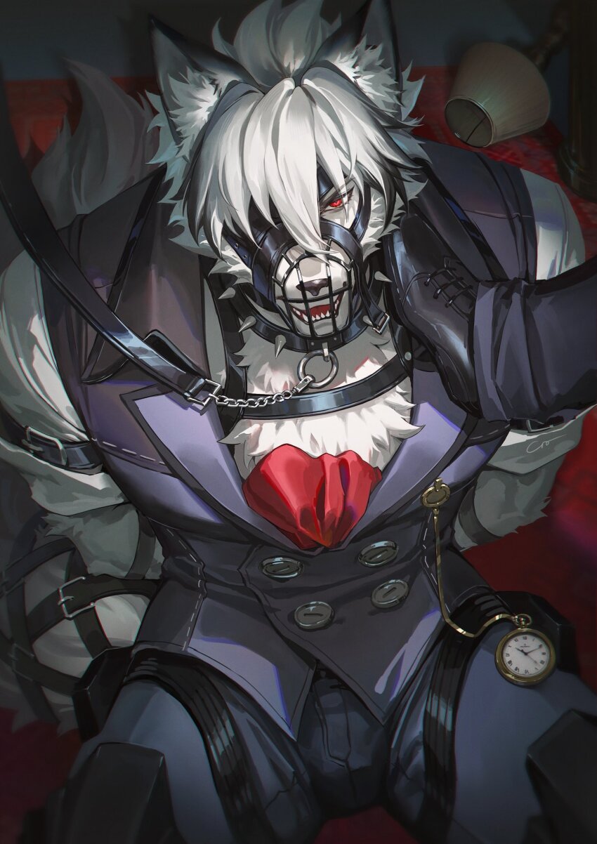 1boy, animal_ears, ascot, collar, colored_tips, commentary, crovius, english_commentary