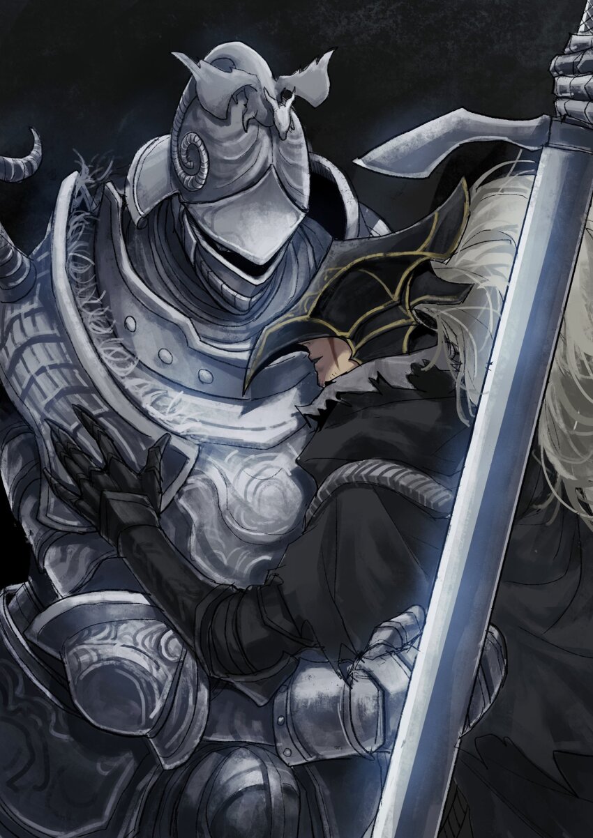 2boys, armor, banished_knight, banished_knight_oleg, beard, black_background, black_cape, breastplate