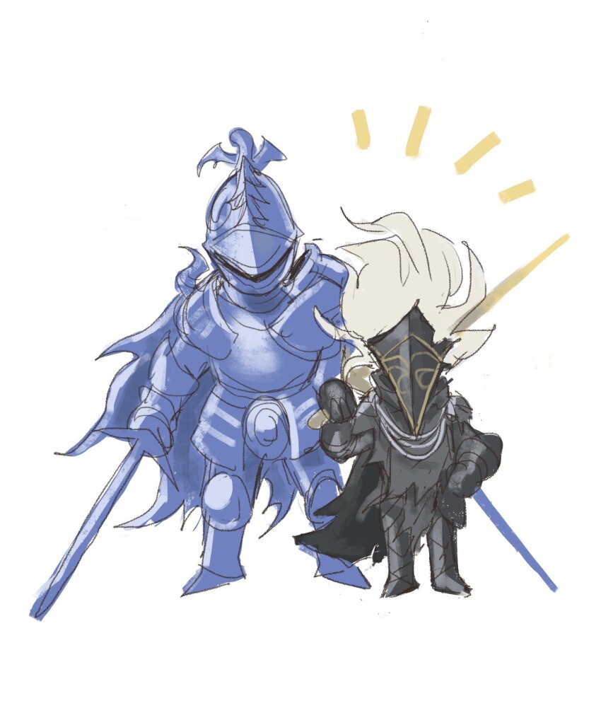 2boys, armor, armored_boots, banished_knight, banished_knight_oleg, boots, chibi, chinese_commentary