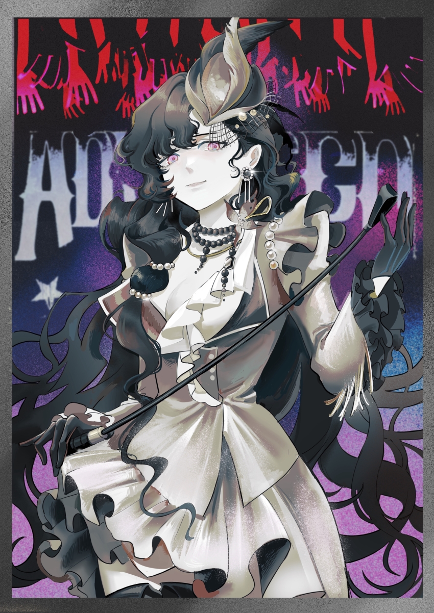 1girl, absurdres, black_gloves, black_hair, border, breasts, cleavage, cowboy_shot