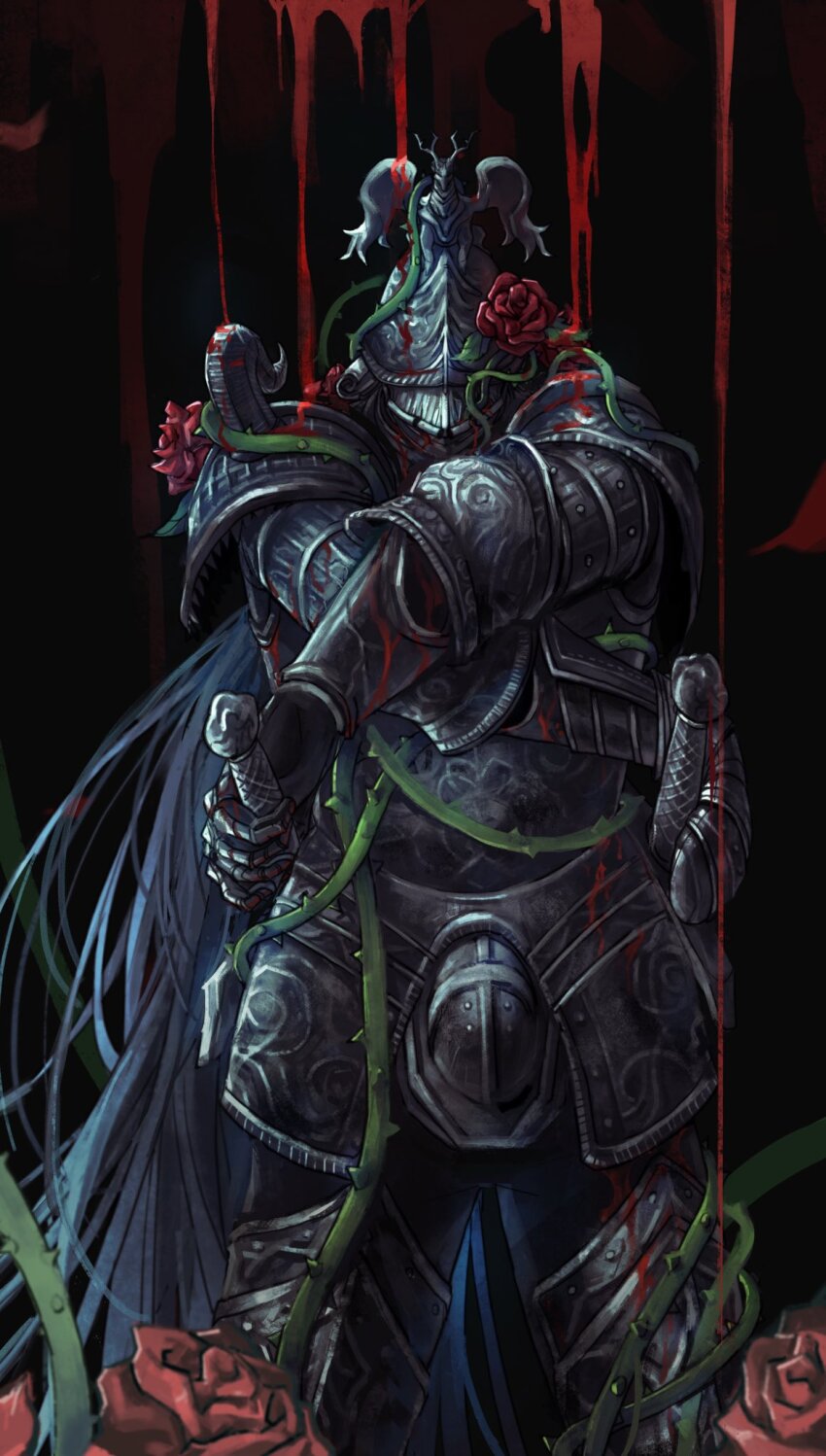 1boy, arm_armor, armor, banished_knight, banished_knight_oleg, black_background, bleeding, blood