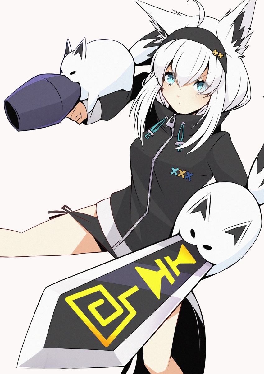 1girl, animal_ears, arm_blade, arm_cannon, black_jacket, blue_eyes, cosplay, digimoji