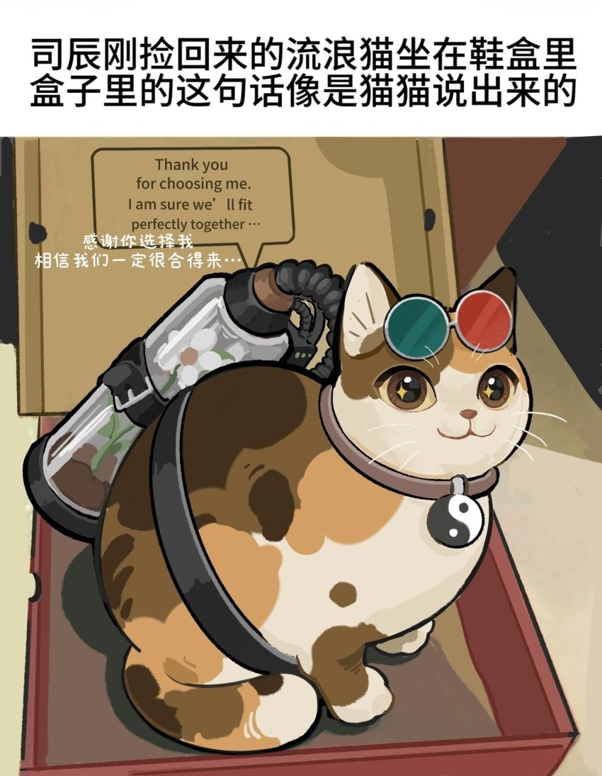 an-an_lee, animal_focus, animalization, bell_jar, calico_(pattern), calico_cat, cat, chinese_text