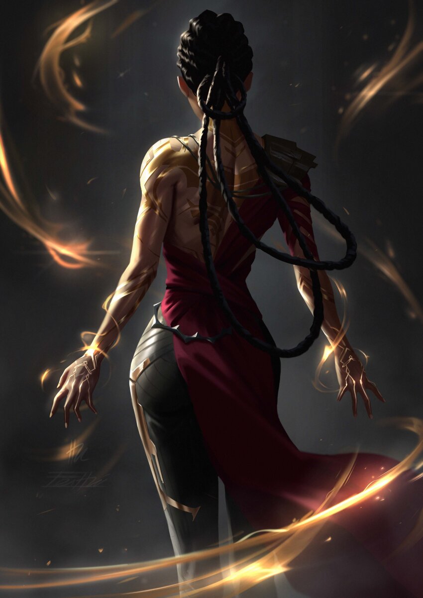 1girl, absurdres, arcane:_league_of_legends, ass, back, black_background, black_hair, braid