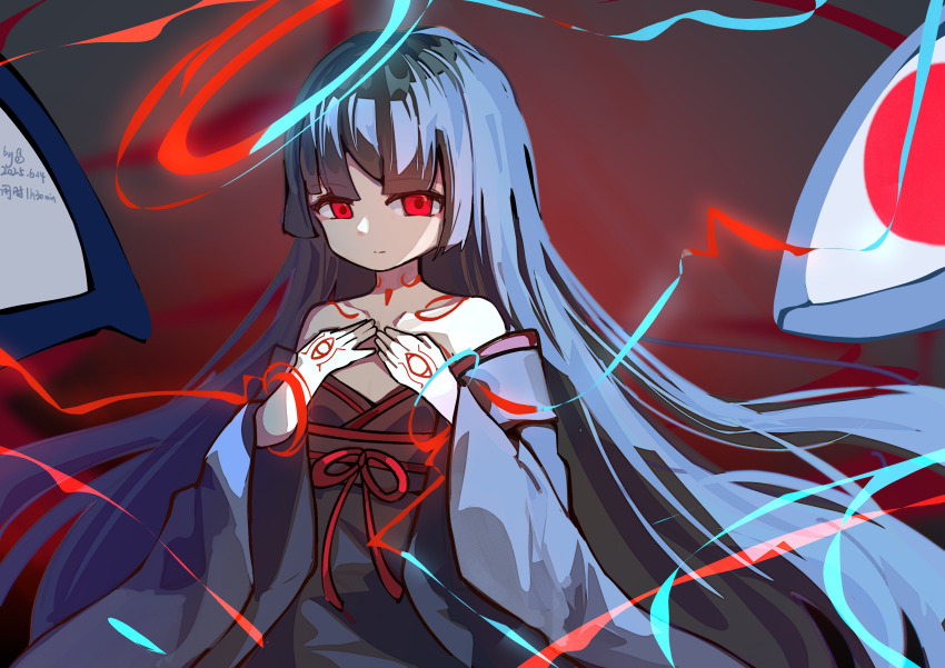 absurdres, black_hair, black_kimono, blue_halo, blurry, breasts, chaos_(mon-musu_quest!), chest_tattoo