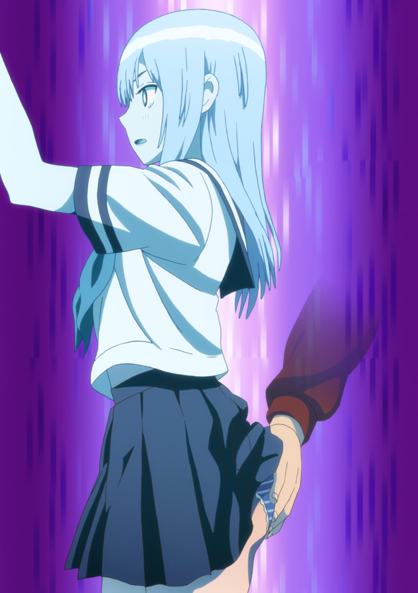 1girl, absurdres, anime_screenshot, arm_up, ass, blue_skirt, blush, breasts