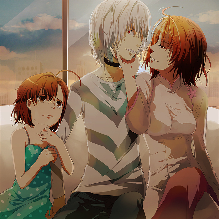 1boy, 2girls, accelerator_(toaru_majutsu_no_index), accelerator_family, ahoge, albino, annoyed, ao_dai, bettyannnewaters, brown_eyes, brown_hair, choker, dress, family, father_and_child, father_and_daughter, husband_and_wife, last_order_(toaru_majutsu_no_index), misaka_worst, mother_and_child, mother_and_daughter, multiple_girls, parent_and_child, polka_dot, red_eyes, sad, short_hair, side_slit, smile, smirk, tears, toaru_majutsu_no_index, white_hair