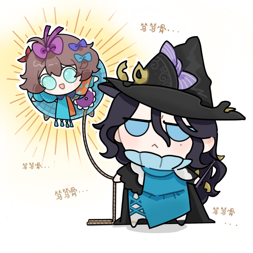 2girls, :<, :d, black_cape, black_hair, black_hat, blue_bow, blue_dress