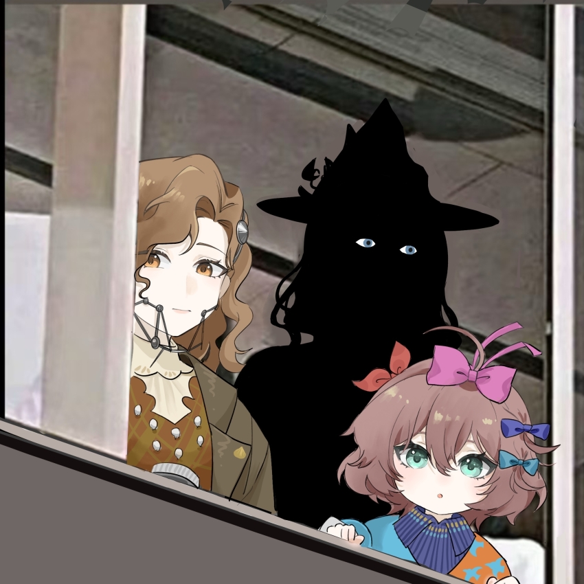 3girls, :o, ahoge, blue_bow, blue_dress, blue_eyes, bow, braces, brown_eyes, brown_hair, coat, dress, eyed_silhouette, flutterpage, from_outside, grey_coat, hair_bow, hat, highres, jewelry, long_hair, looking_at_viewer, looking_outside, meme, multiple_girls, multiple_hair_bows, necklace, purple_bow, qiucaotou, red_dress, reverse:1999, short_hair, silhouette, smile, tooth_fairy_(reverse:1999), tooth_necklace, upper_body, willow_(reverse:1999), window, witch_hat