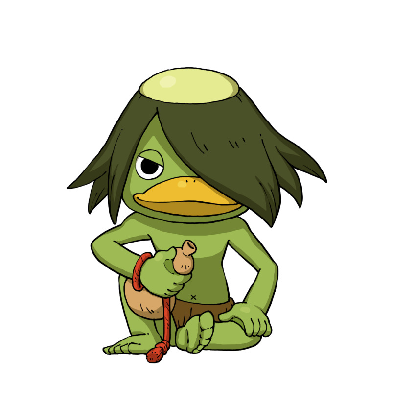 1boy, balding, colored_skin, full_body, gourd, green_hair, green_skin, hair_over_one_eye, highres, holding, holding_gourd, kappa_(youkai_watch), looking_at_viewer, official_art, simple_background, sitting, solo, third-party_source, transparent_background, youkai_(youkai_watch), youkai_watch