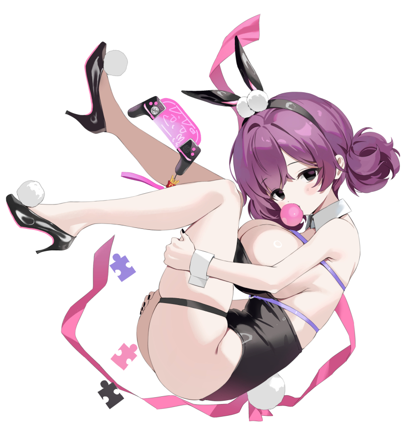 1girl, absurdres, animal_ears, black_shoes, black_survival, blowing_bubble_gum, breasts, character_request