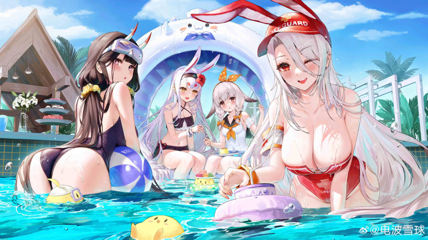 4girls, absurdres, animal, animal_ears, ass, azur_lane, ball, bare_shoulders