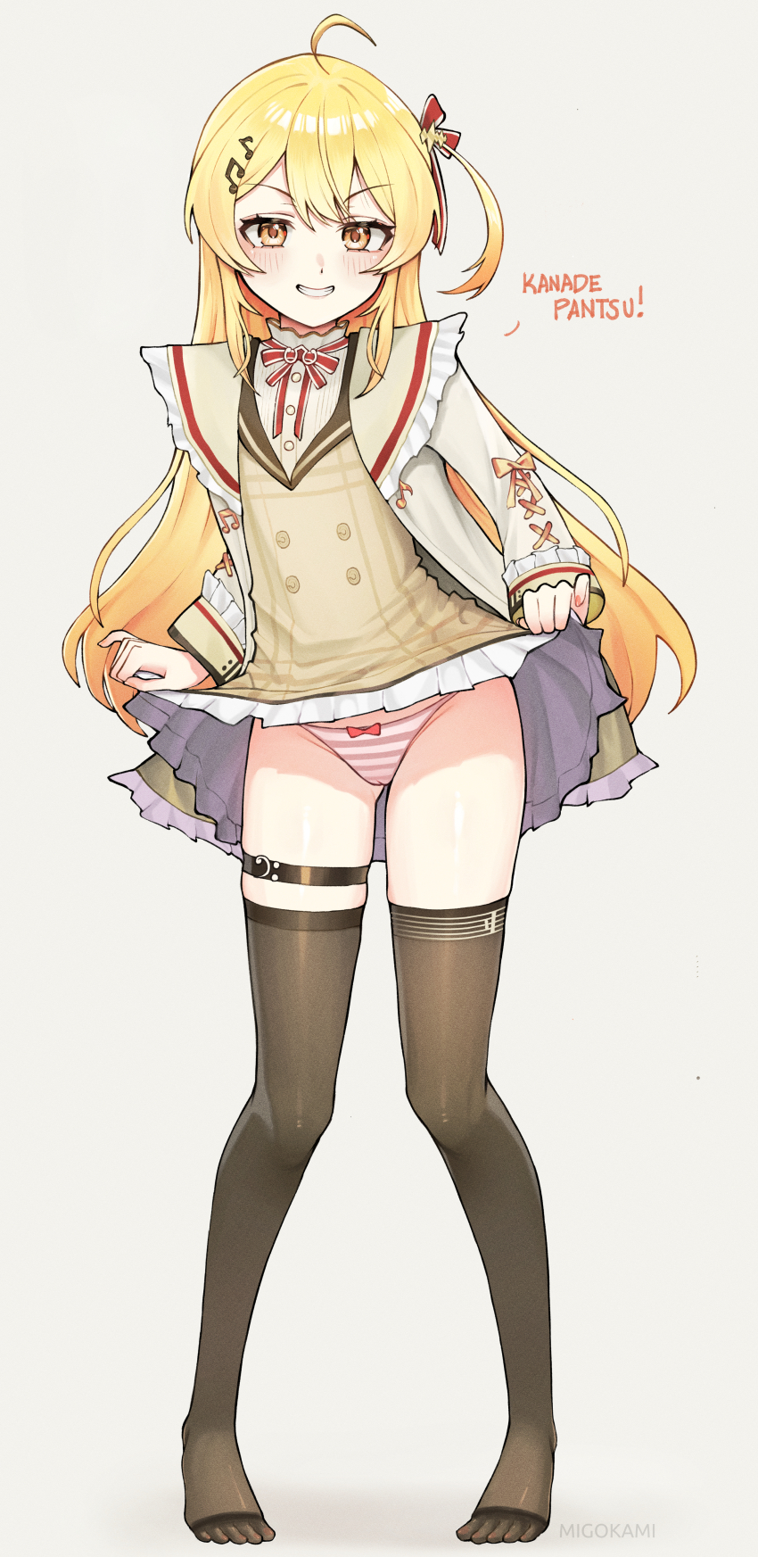 1girl, absurdres, ahoge, artist_name, black_thighhighs, blonde_hair, blush, bow