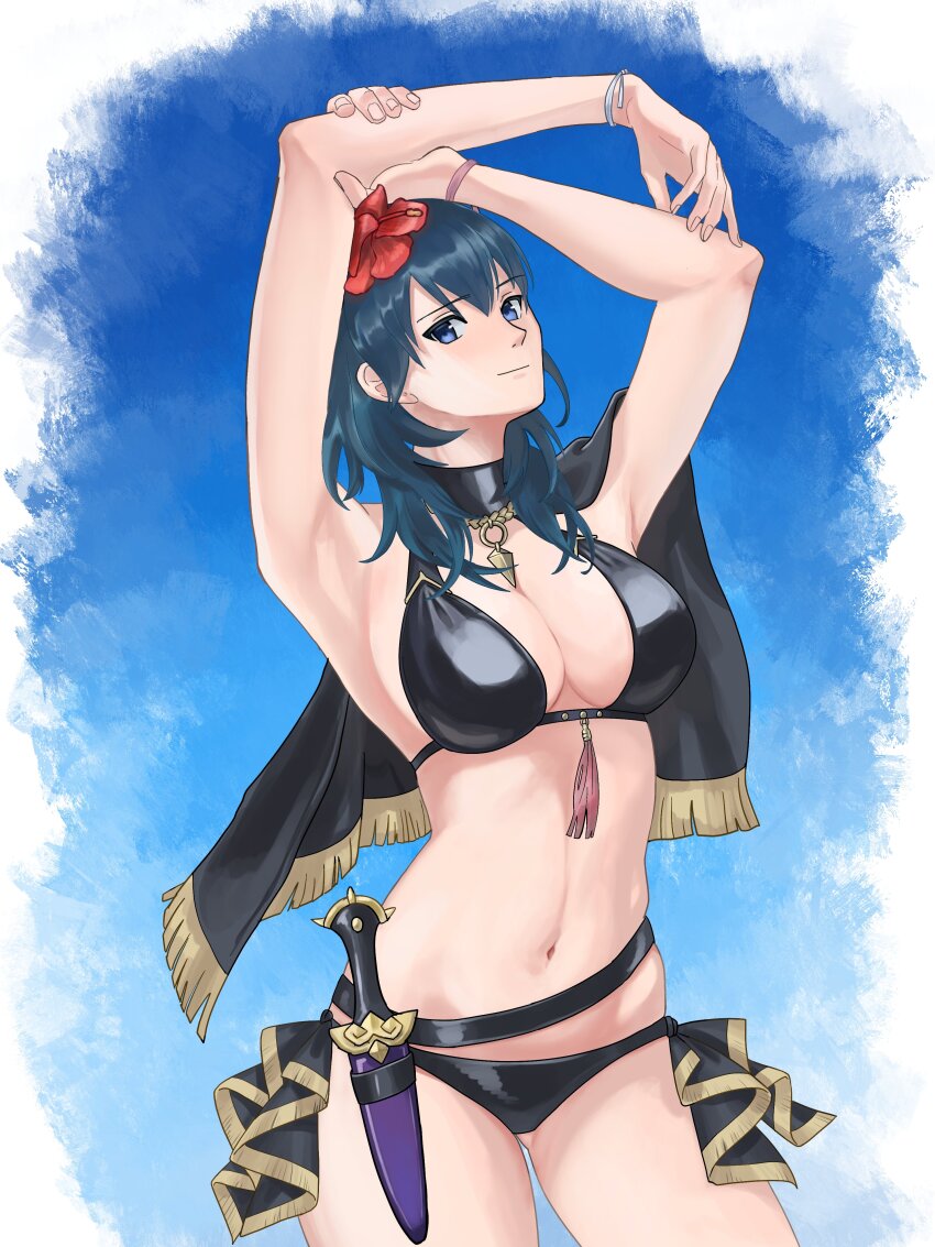 1girl, absurdres, armpits, arms_up, bikini, black_bikini, black_cape, blue_eyes, blue_hair, blush, breasts, cape, cleavage, closed_mouth, dagger, female_byleth_(fire_emblem), female_byleth_(summer)_(fire_emblem), fire_emblem, fire_emblem:_three_houses, fire_emblem_heroes, flower, gluteal_fold, hair_flower, hair_ornament, hibiscus, highres, knife, large_breasts, long_hair, looking_at_viewer, marukubi9595, navel, nintendo, official_alternate_costume, red_flower, sheath, sheathed, sideboob, smile, solo, standing, swimsuit, weapon