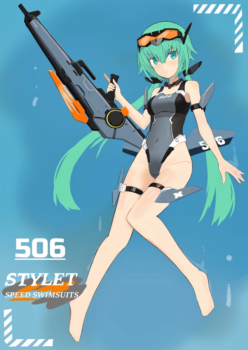 1girl, absurdres, barefoot, breasts, character_name, competition_swimsuit, covered_navel, frame_arms_girl