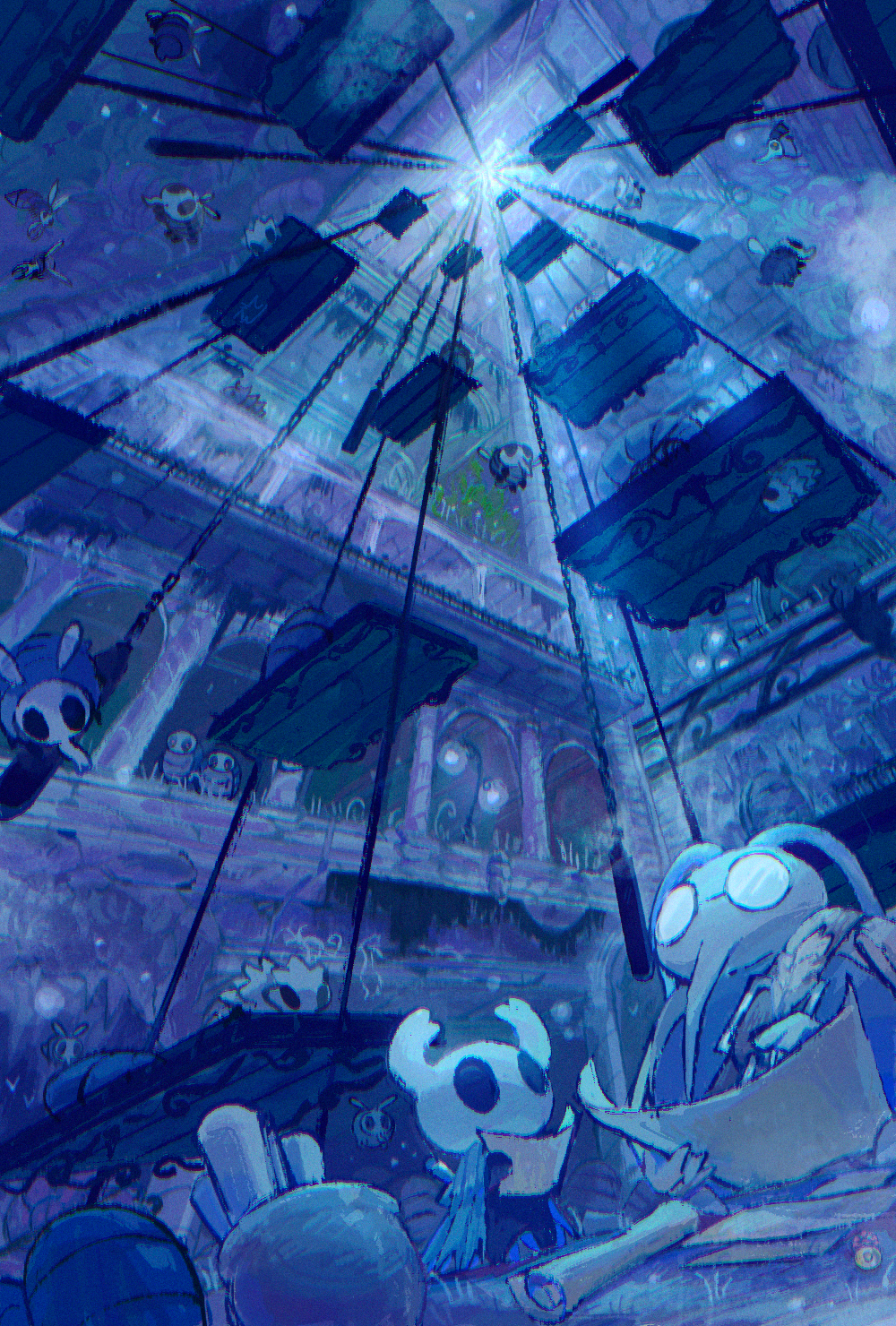 1boy, 1other, antennae, arched_window, bag, balcony, black_skin, blipbugbug, bug, carapace, chain, colored_skin, commentary_request, cornifer, from_below, grey_cloak, gruzzer_(hollow_knight), highres, holding, holding_map, holding_paper, holding_quill, hollow_eyes, hollow_knight, horned_mask, in-universe_location, knight_(hollow_knight), map, mask, nail_(hollow_knight), paper, perspective, pillar, plant, platform, proboscis, quill, railing, round_eyewear, scenery, scroll, sign, standing, tiktik_(hollow_knight), vanishing_point, wandering_husk_(hollow_knight), weapon, weapon_on_back, white_mask, window, worm's_eye_view