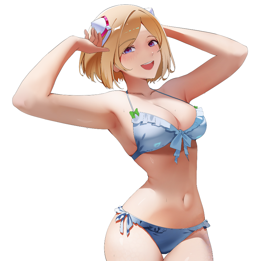 1girl, aki_rosenthal, aou13093, bikini, blonde_hair, blue_eyes, breasts, character_name