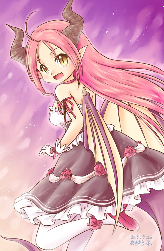 1girl, ahoge, akihara_ryou, bare_shoulders, breasts, dragon_girl, dragon_horns, dragon_wings